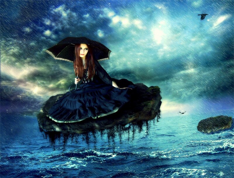 Woman with Umbrella on Rock