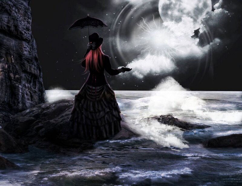Woman with Umbrella on Shore — Black