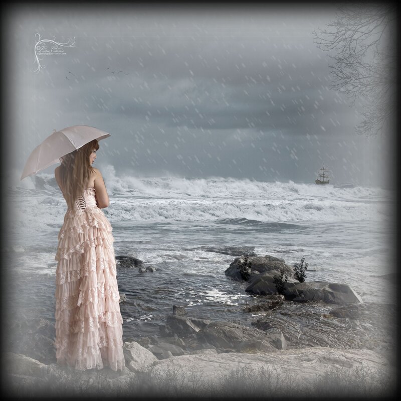 Woman with Umbrella on Shore — Gray