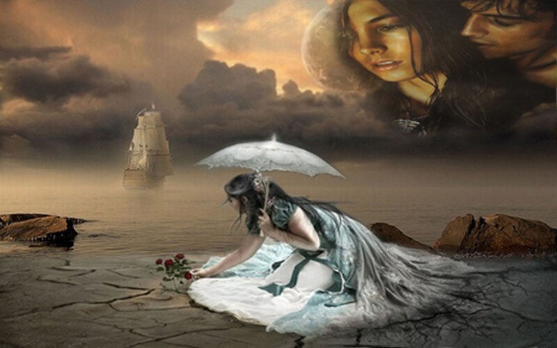 Woman with Umbrella on Shore