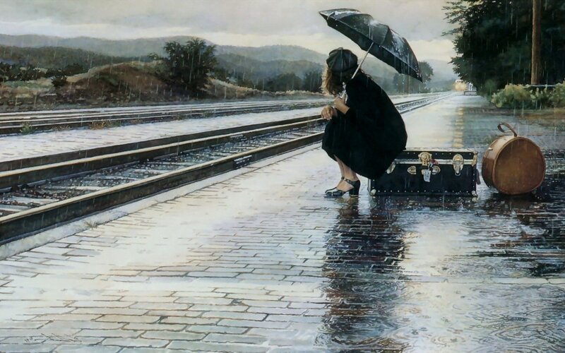 Woman with Umbrella on Train Platform — Black
