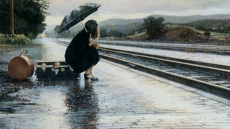 Woman with Umbrella on Train Platform