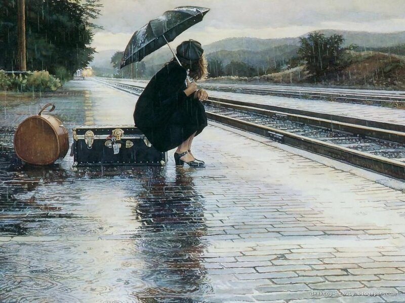 Woman with Umbrella on Train Tracks