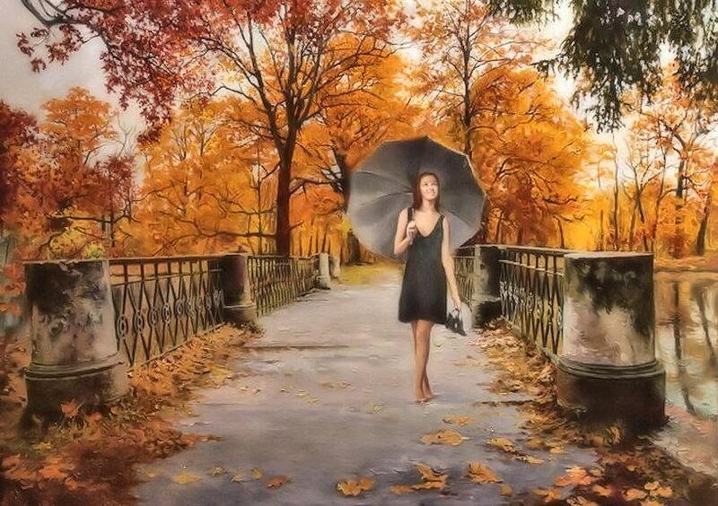 Woman with Umbrella — Orange, Serene