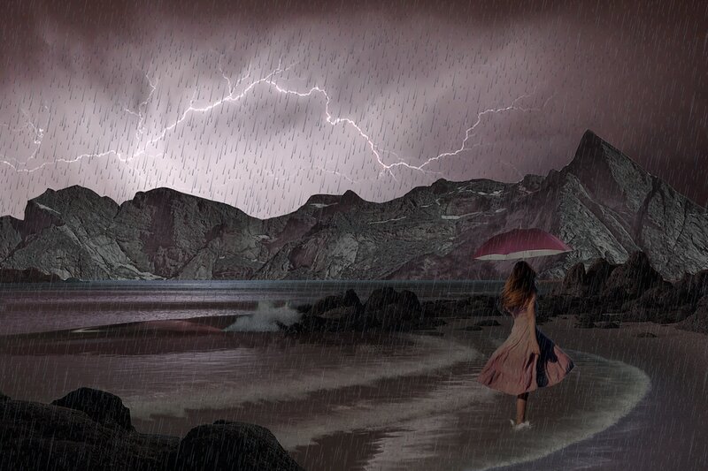 Woman with Umbrella — Purple, Dramatic, Night