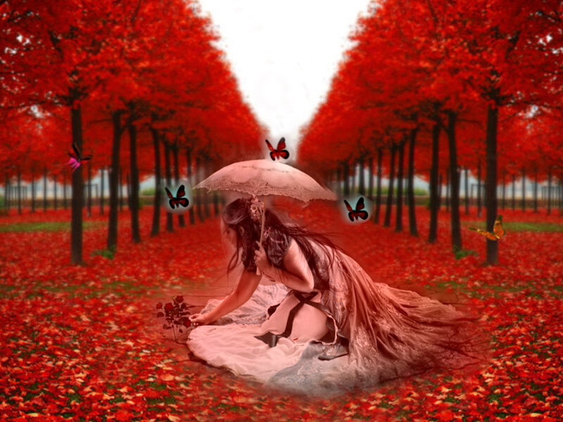 Woman with Umbrella — Red, Dreamy