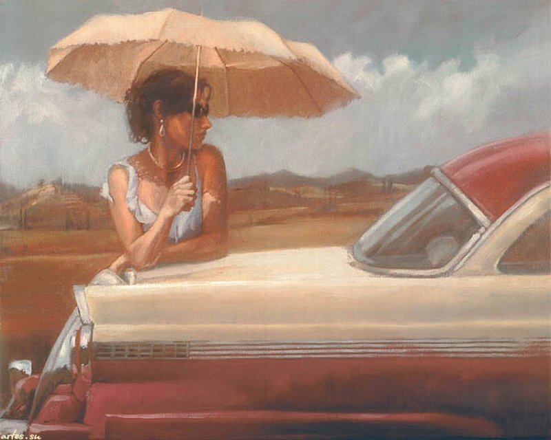 Woman with Umbrella — Red, Serene