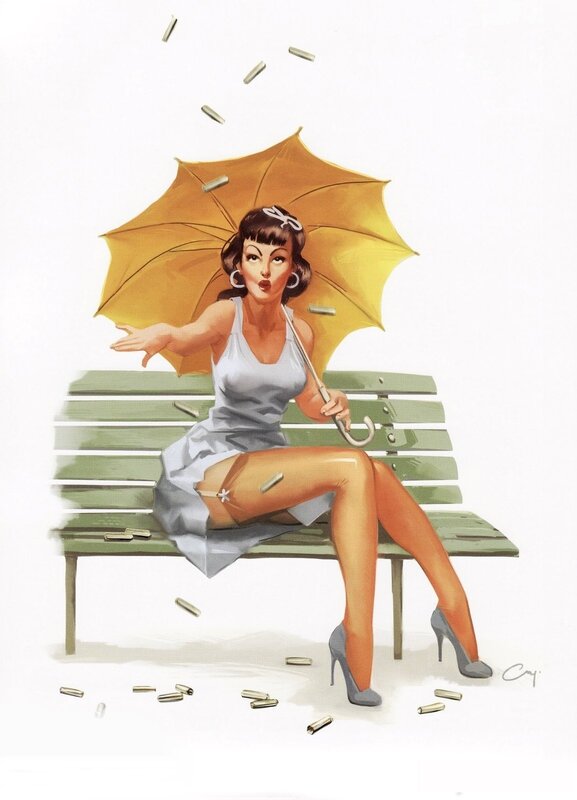 Woman with umbrella under fire