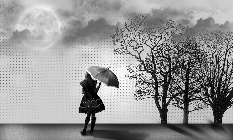 woman with umbrella under moon