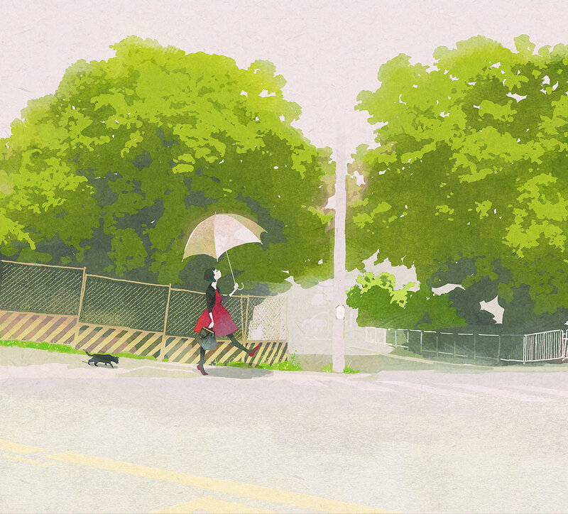 Woman with umbrella walking on street