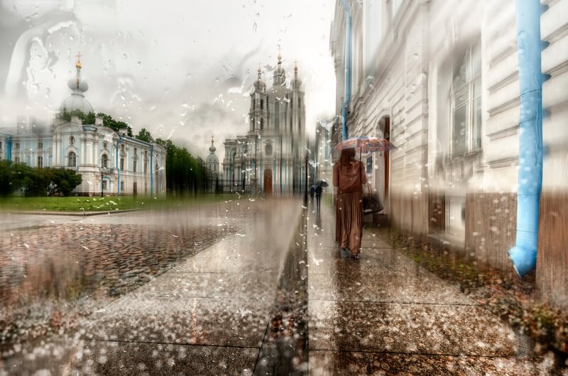 Woman with Umbrella Walking — White