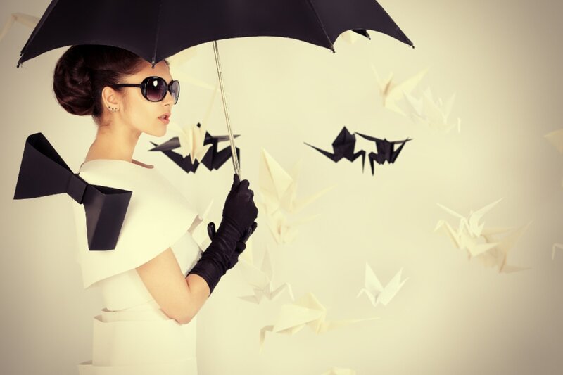 Woman with Umbrella — White, Dramatic, Photograph