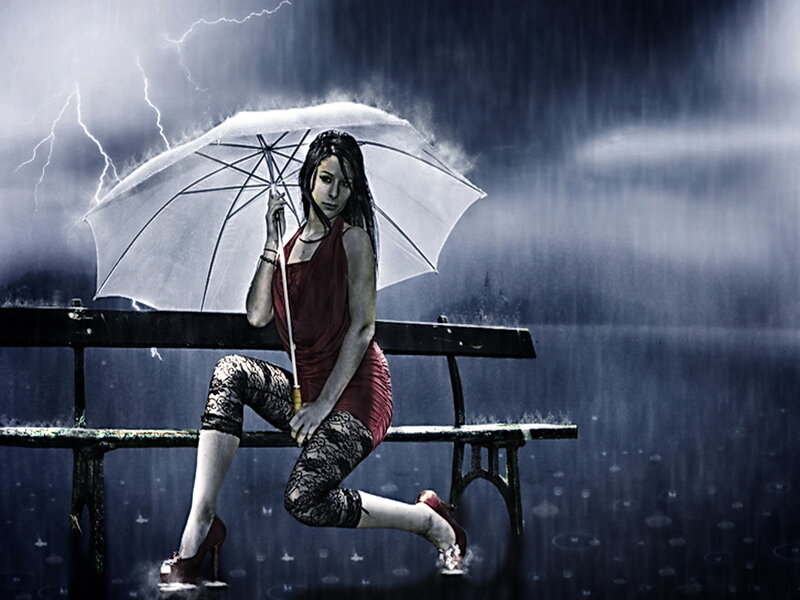 Woman with Umbrella — White, Dramatic