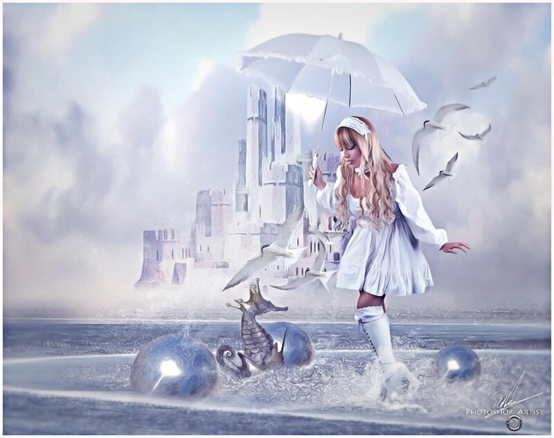 Woman with Umbrella — White, Dreamy