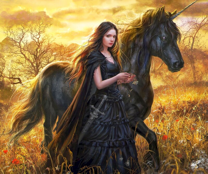 Woman with Unicorn — Black, Dramatic, Sunset