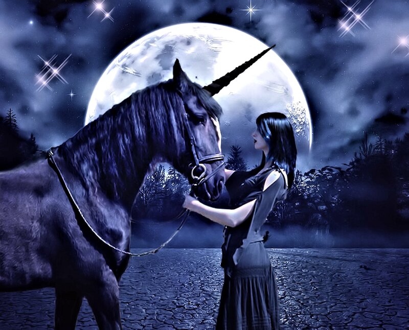 Woman with Unicorn — Blue, Mystical