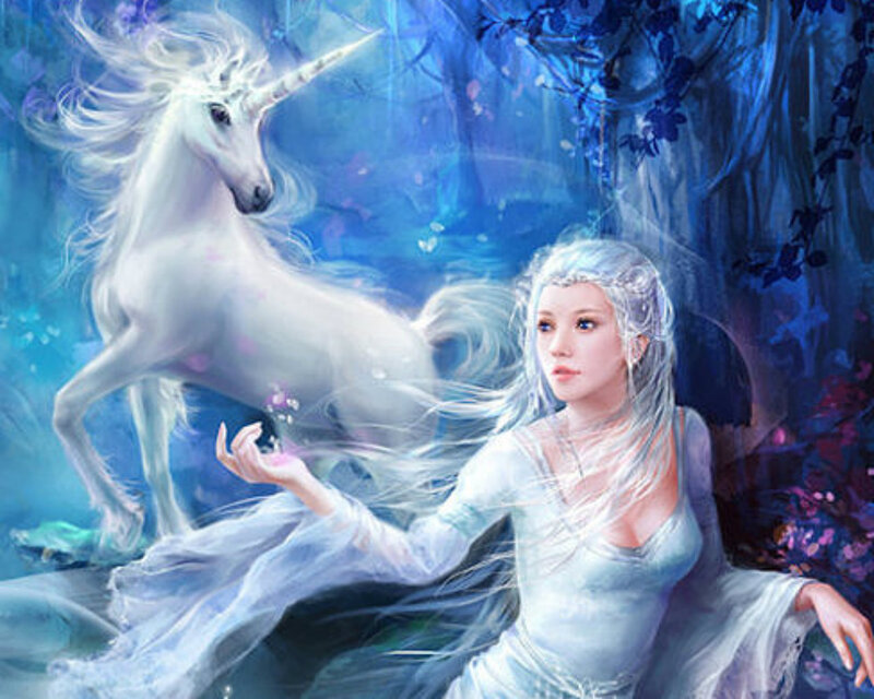 Woman with Unicorn — Blue, Serene, Night, Digital Art, Forest