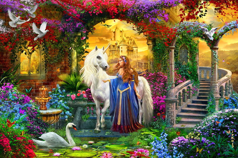 Woman with Unicorn — Blue, Serene, Sunset