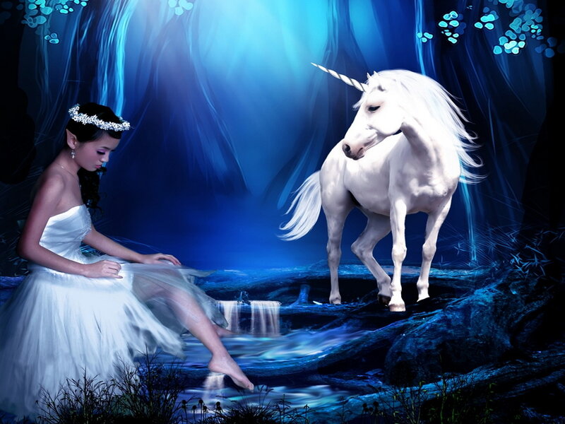 Woman with Unicorn — Blue, Serene
