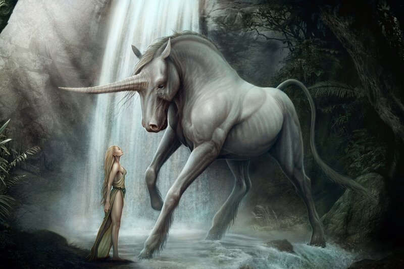 woman with unicorn by waterfall