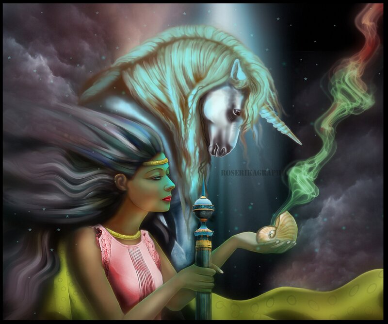 Woman with Unicorn — Green, Fantasy
