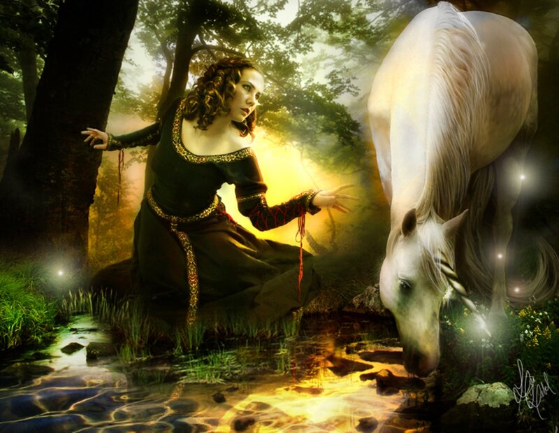 Woman with Unicorn — Green, Mystical