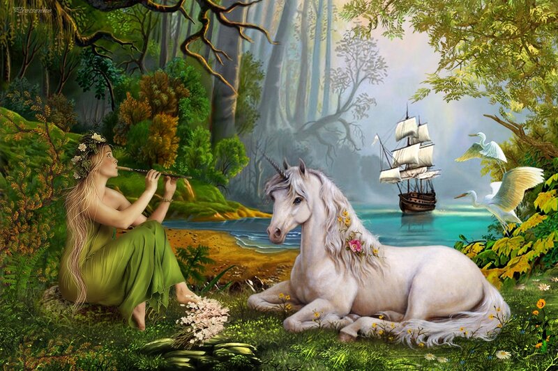 Woman with Unicorn — Green, Serene, Afternoon, Digital Art