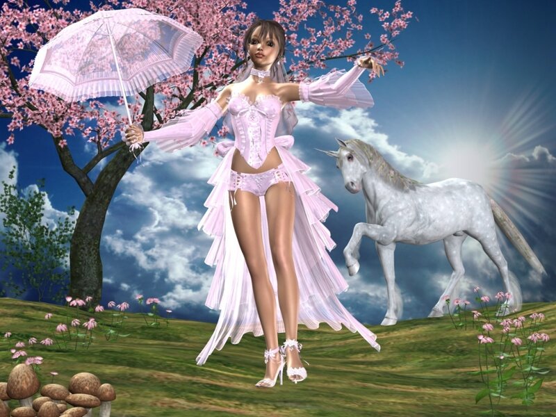 Woman with unicorn in cherry blossom