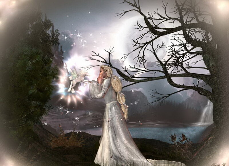 woman with unicorn in forest