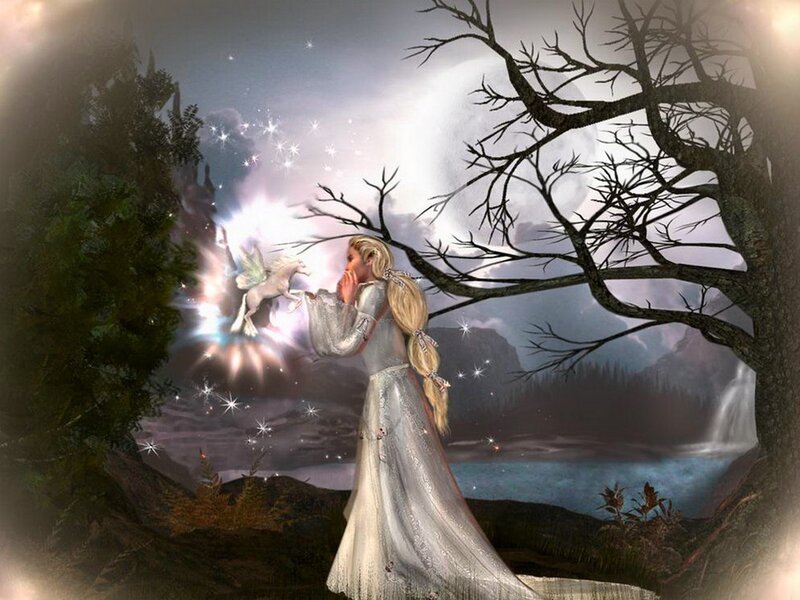woman with unicorn in forest
