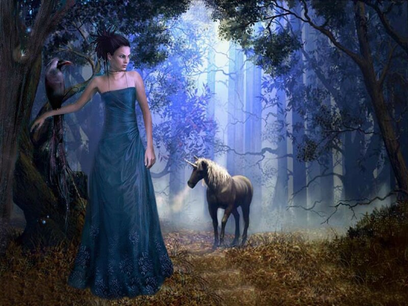 Woman with Unicorn in Forest — Blue