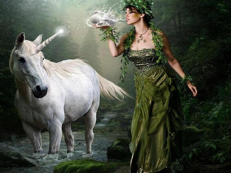 Woman with Unicorn in Forest — Green