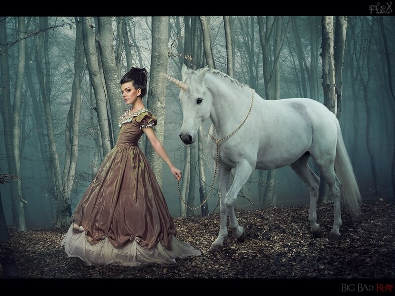 Woman with Unicorn in Forest — White