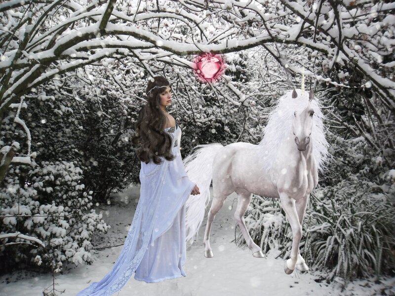 Woman with Unicorn in Snow