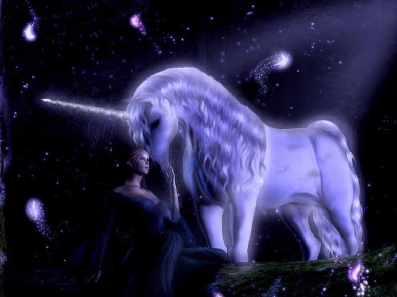 woman with unicorn in starlight