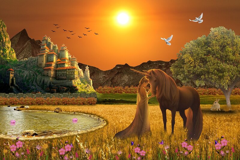 Woman with Unicorn — Orange, Serene, Sunset