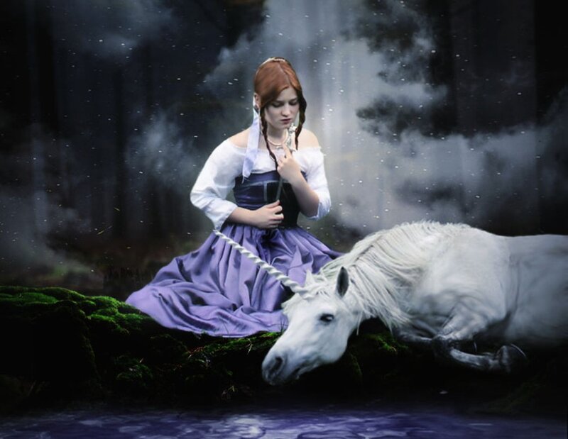 Woman with Unicorn — Purple, Dramatic, Night