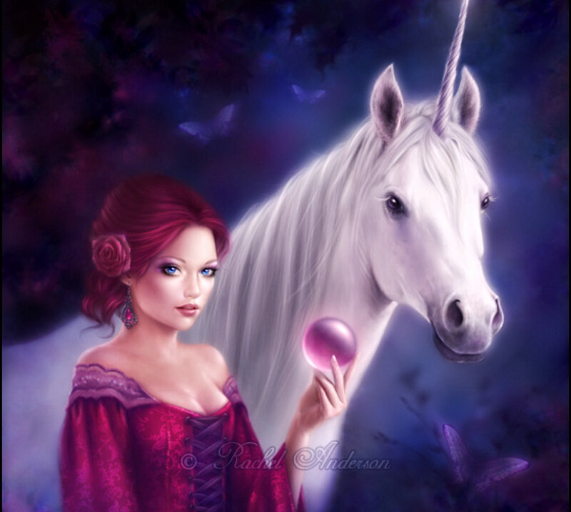 Woman with Unicorn — Purple, Fantasy, Night