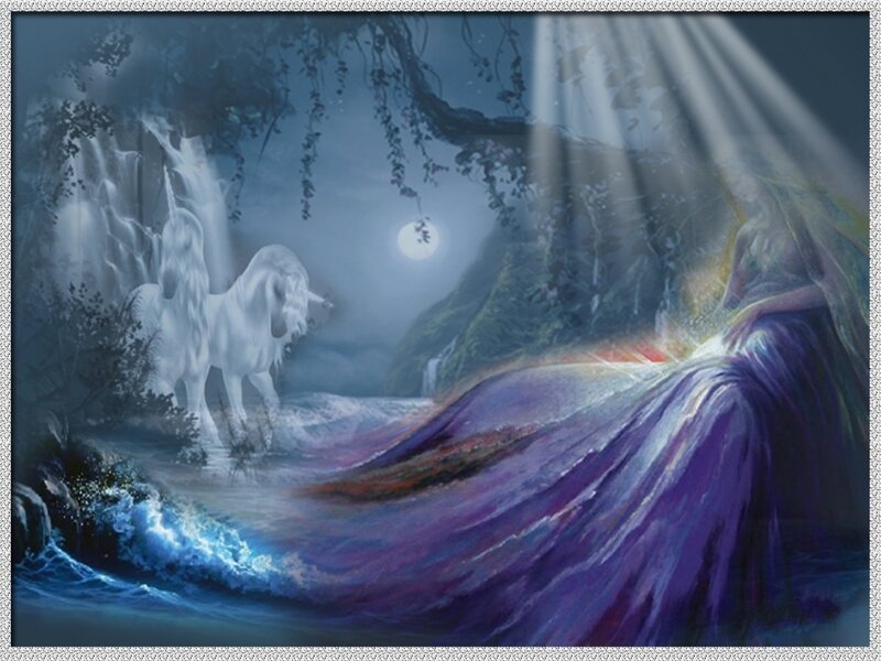 Woman with Unicorn — Purple, Serene, Night, Digital Art