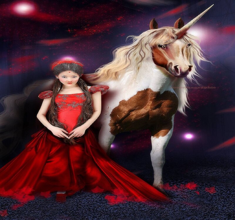Woman with Unicorn — Red, Fantasy