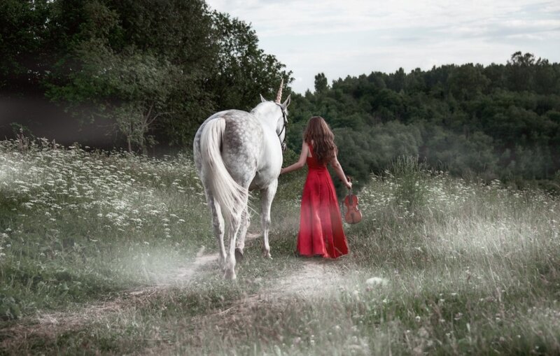 Woman with Unicorn — Red, Serene
