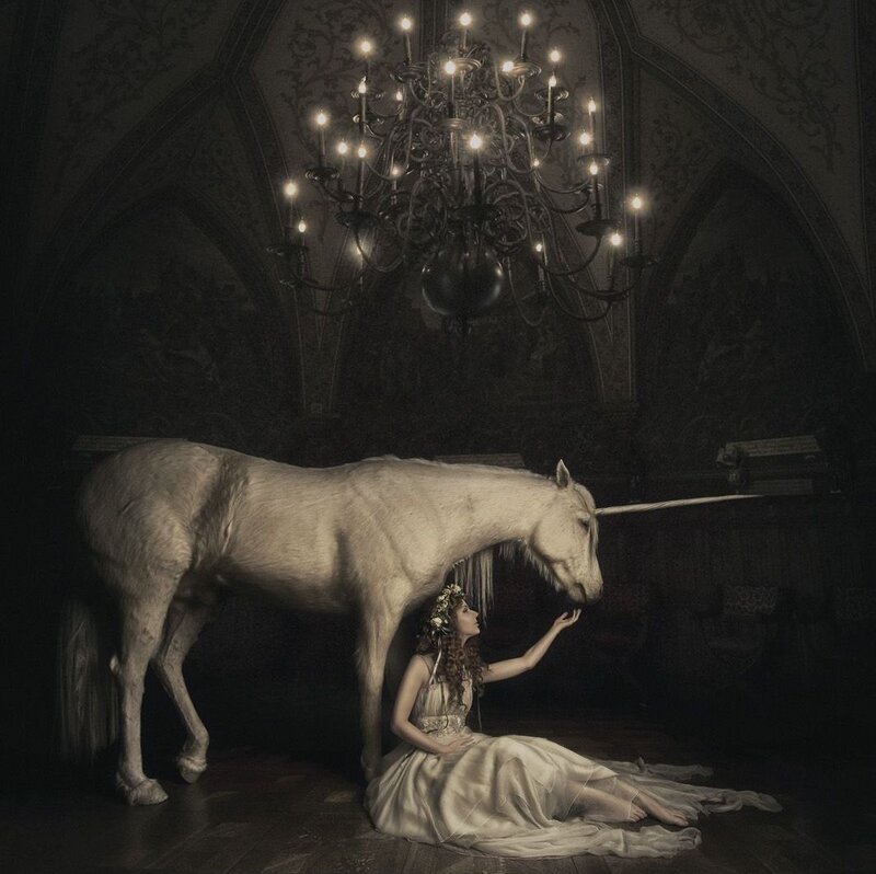 Woman with Unicorn — White, Dramatic, Night