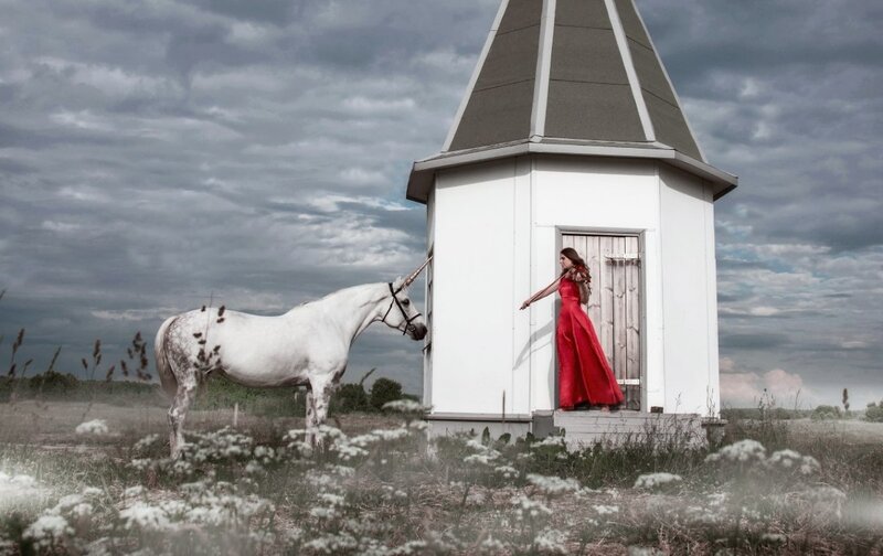 Woman with Unicorn — White, Dramatic, Photograph
