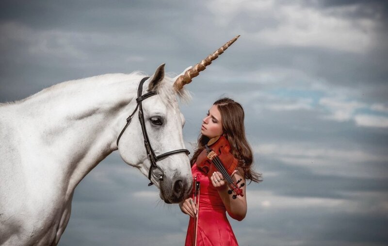 Woman with Unicorn — White, Dramatic, Photograph, Violin