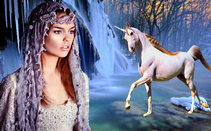 Woman with Unicorn — White, Fantasy, Winter