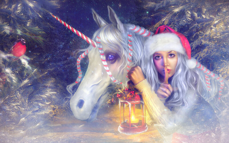 Woman with Unicorn — White, Magical, Night