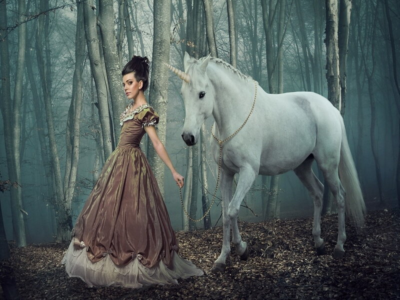 Woman with Unicorn — White, Mystical