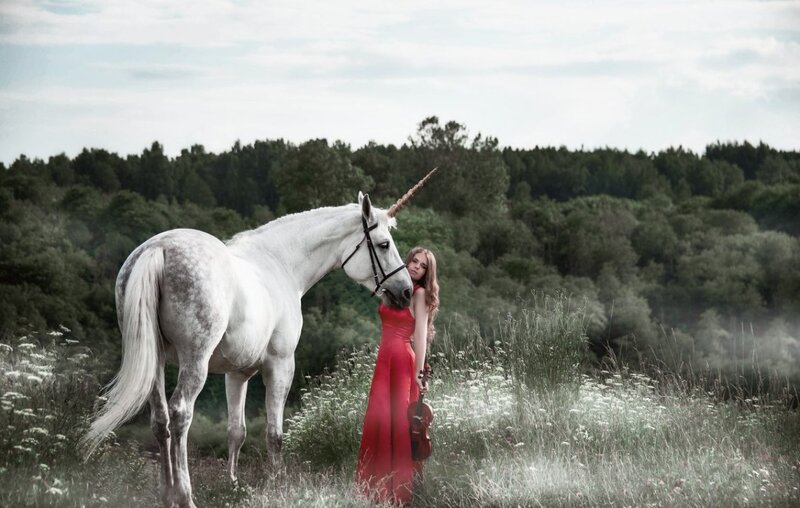 Woman with Unicorn — White, Serene, Afternoon, Photograph