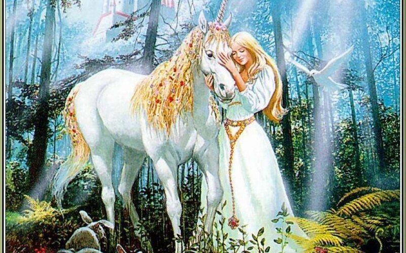 Woman with Unicorn — White, Serene, Morning, Illustration