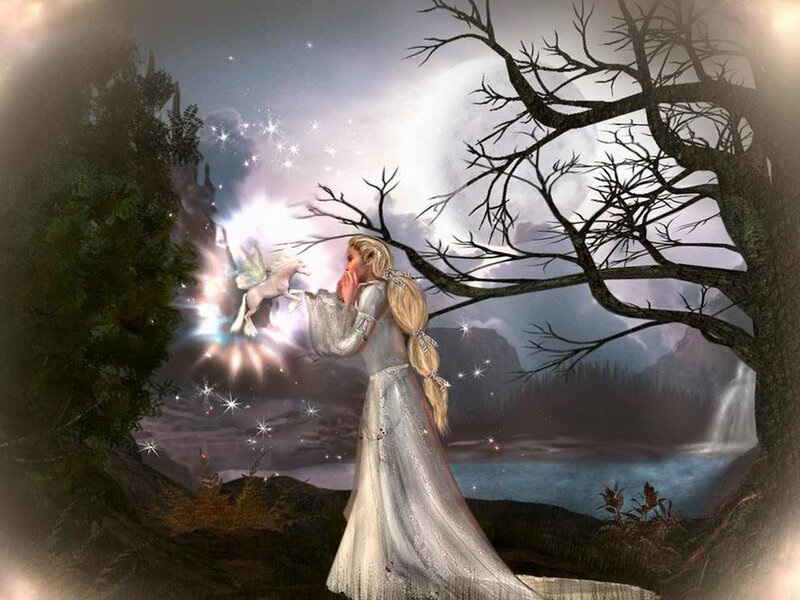 Woman with Unicorn — White, Serene, Night